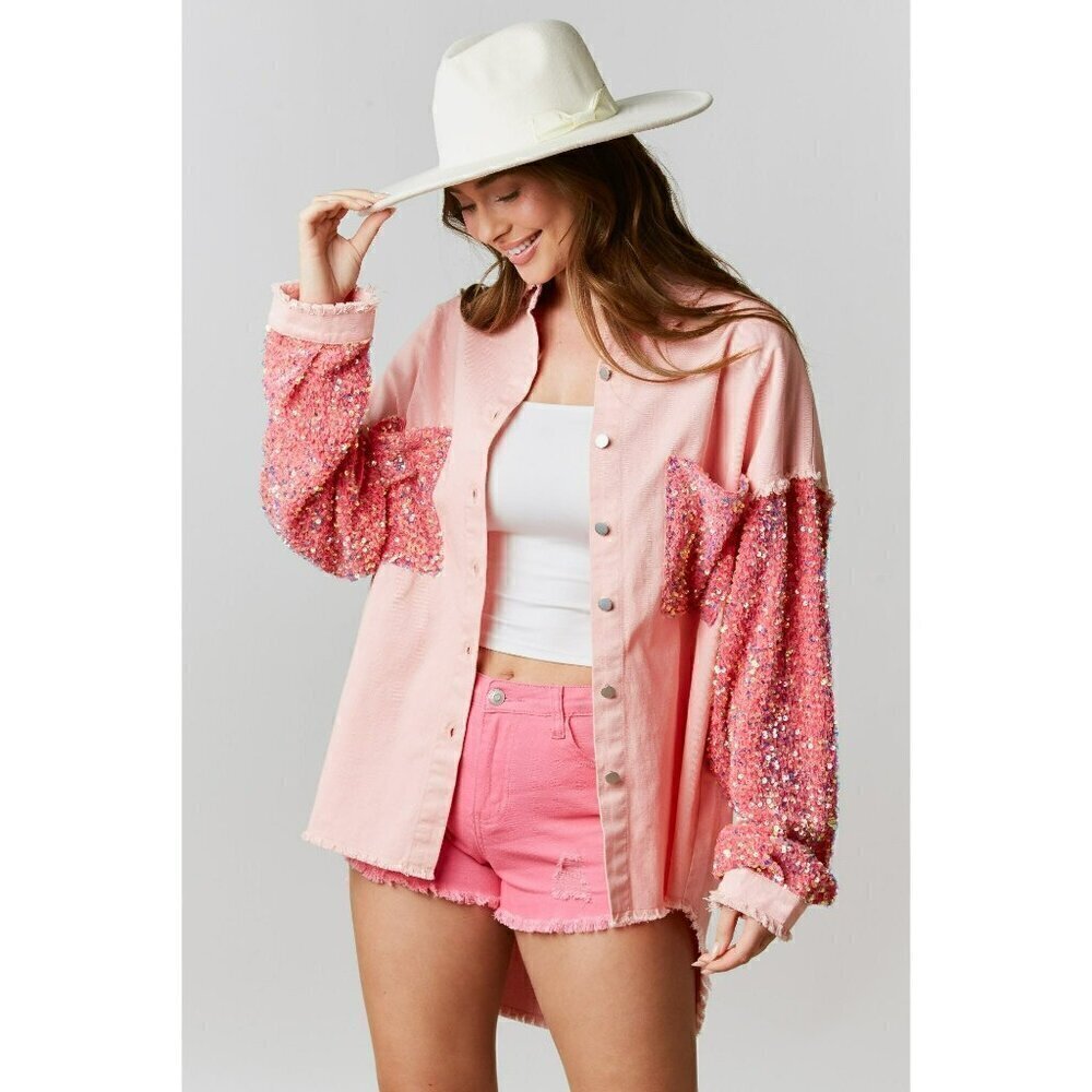 Georgia Peach Oversized Twill and Sequin Shacket in Peach - Picture 4 of 6